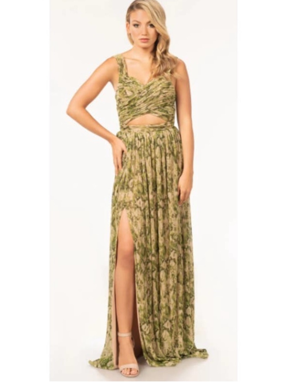 DRESS THE POPULATION Green Metallic Mirabella Cutout Evening Gown Floral S FLAW